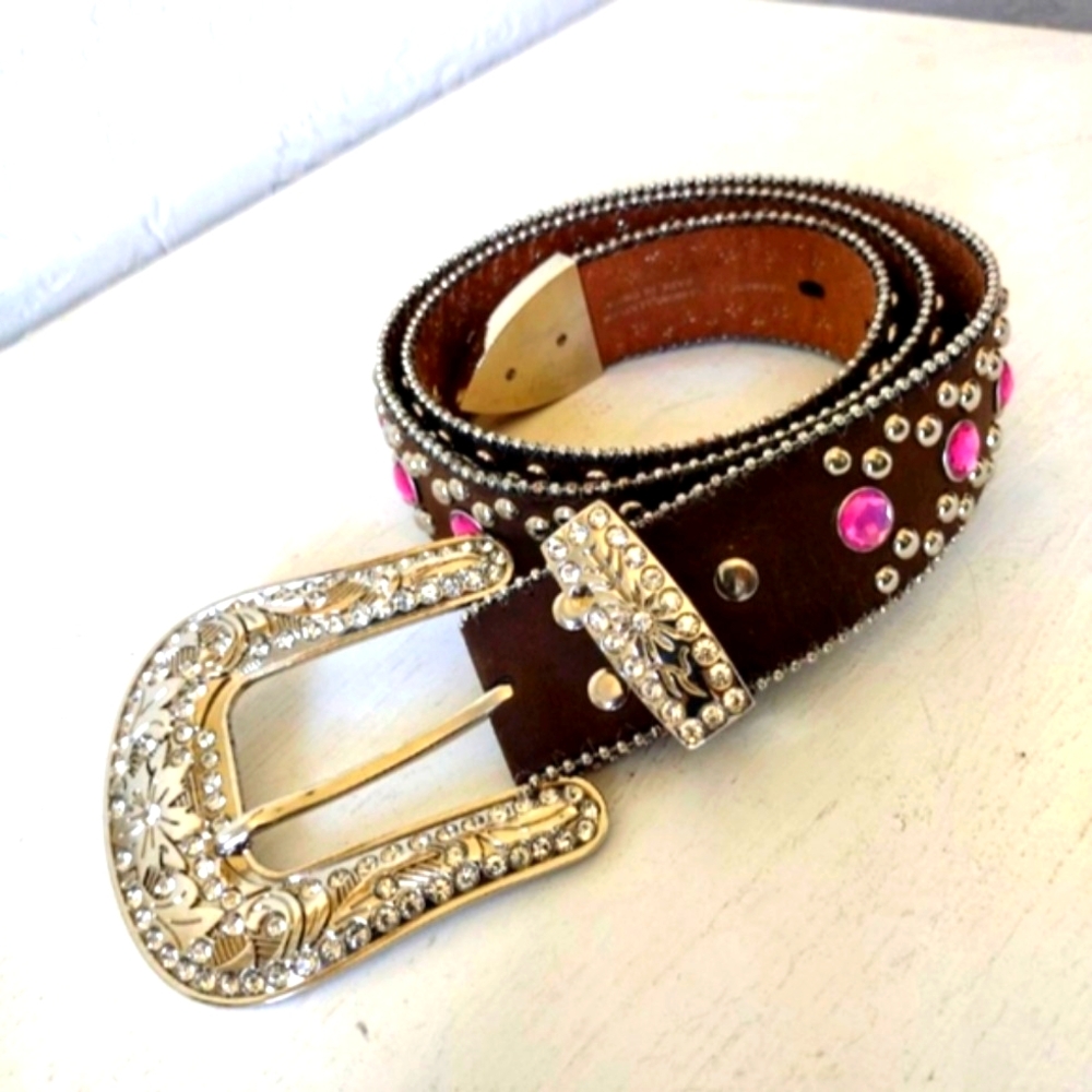 Rhinestone Western Leather Belt Size M